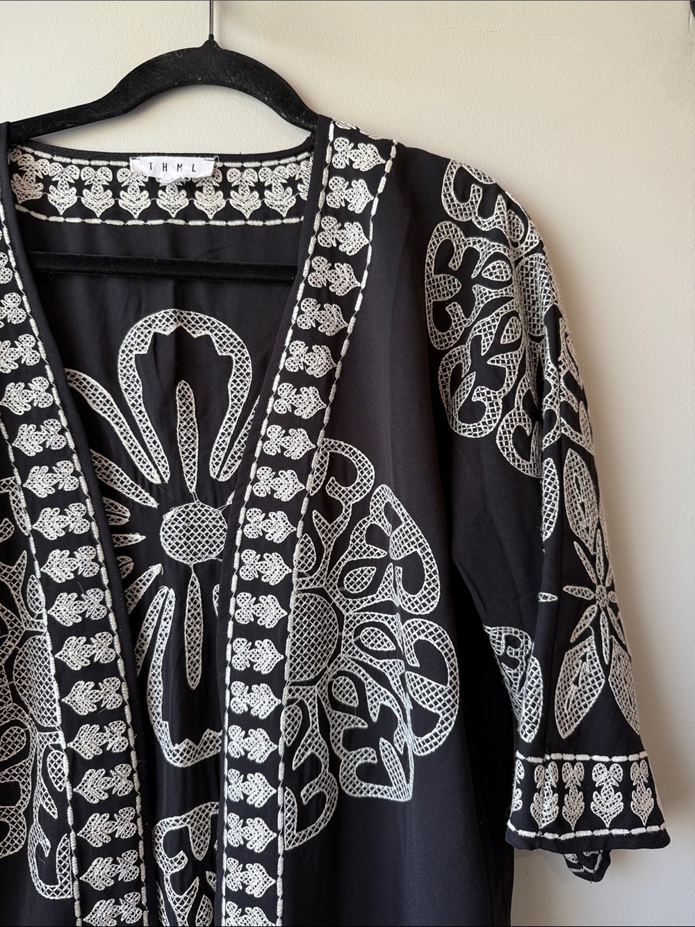 THML Black Tunic cardigan with cream Embroidered Floral Panels tassels S